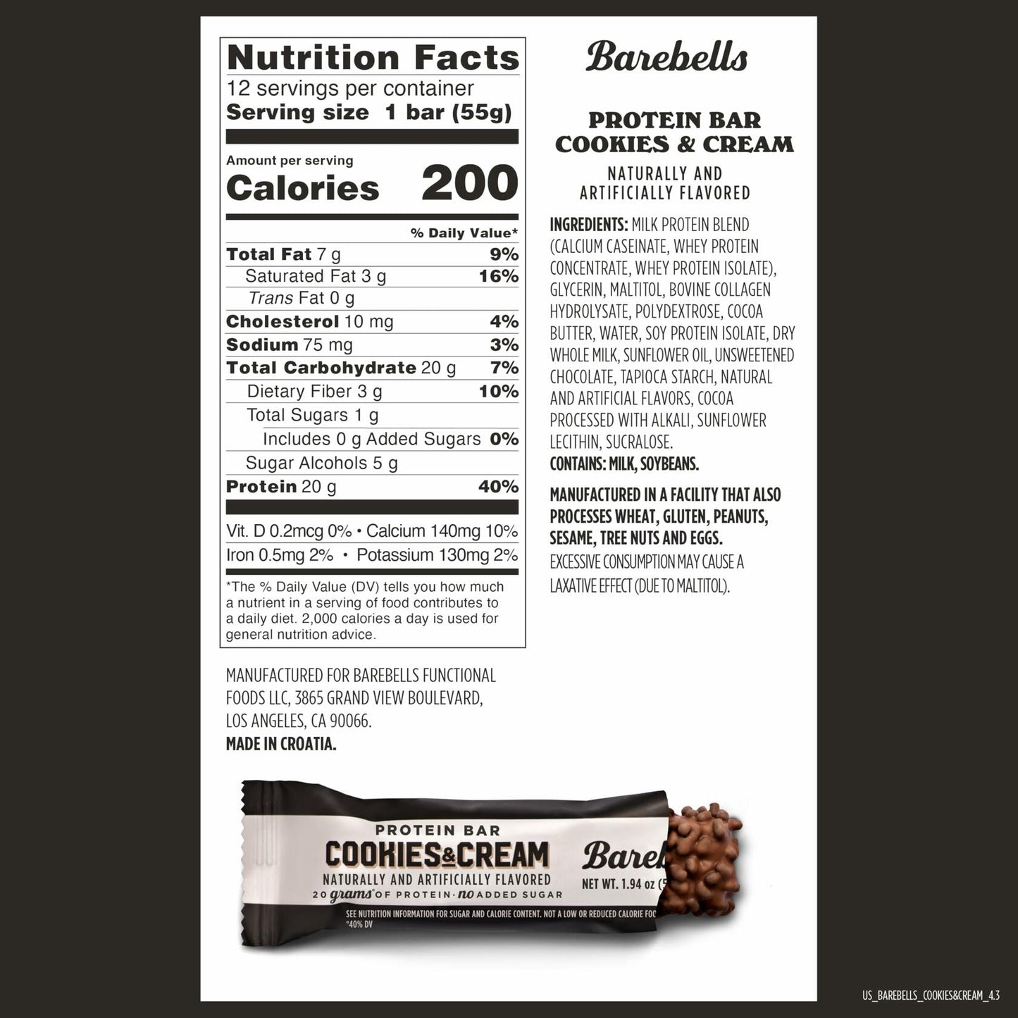 Barebells Protein Bars Cookies & Cream - 12 Count, 20g High Protein Treats - Chocolate Nutrition Bar with 1g Total Sugars - On-The-Go Breakfast or Post-Workout Snack