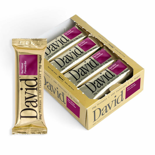 David High Protein Bars No Sugar - Sugar Free Protein Bars, Low Carb, Gluten Free - 28g of Protein, 150 Calories - David Bar On-The-Go Snack - Red Velvet, Pack of 12