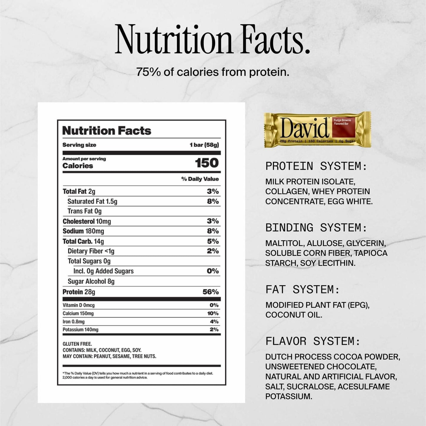 David High Protein Bars No Sugar - Sugar Free Protein Bars, Low Carb, Gluten Free - 28g of Protein, 150 Calories - David Bar On-The-Go Snack - Fudge Brownie Flavor, Pack of 12