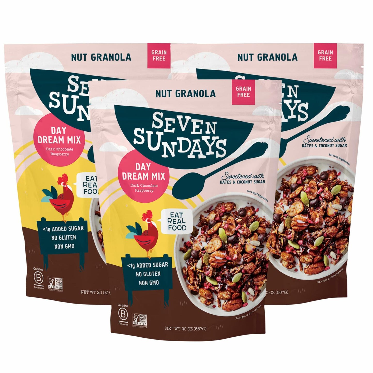 Seven Sundays Nut Granola Cereal, Day Dream Dark Chocolate Raspberry, 20 Oz Bag (Pack of 3), Grain & Gluten Free, 4g Protein, 5g Net Carbs, Keto Friendly