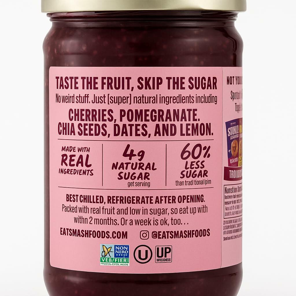 Smash Cherry Pomegranate Superfood Fruit Spread, No Sugar Added, 26 Oz