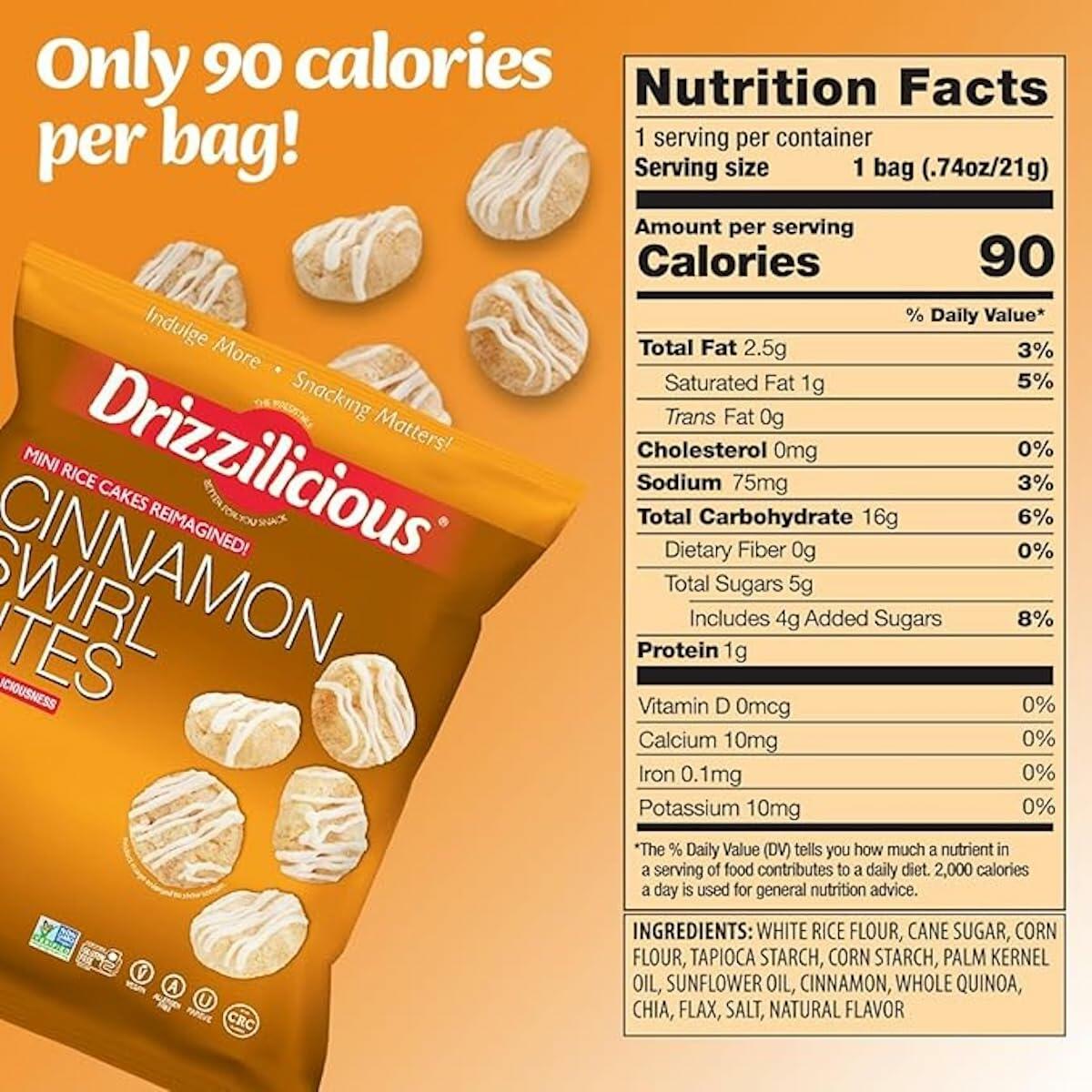Drizzilicious Mini Rice Cakes Variety Pack - S'Mores, Cinnamon Swirl, Birthday Cake - Rice Crisps, Healthy Snack for Adults and Kids, Flavored Rice Cakes, Vegan, Gluten Free, Allergen Free, Only 90 Calories Per Bag, Made with Avocado Oil - 0.74 oz (Pack
