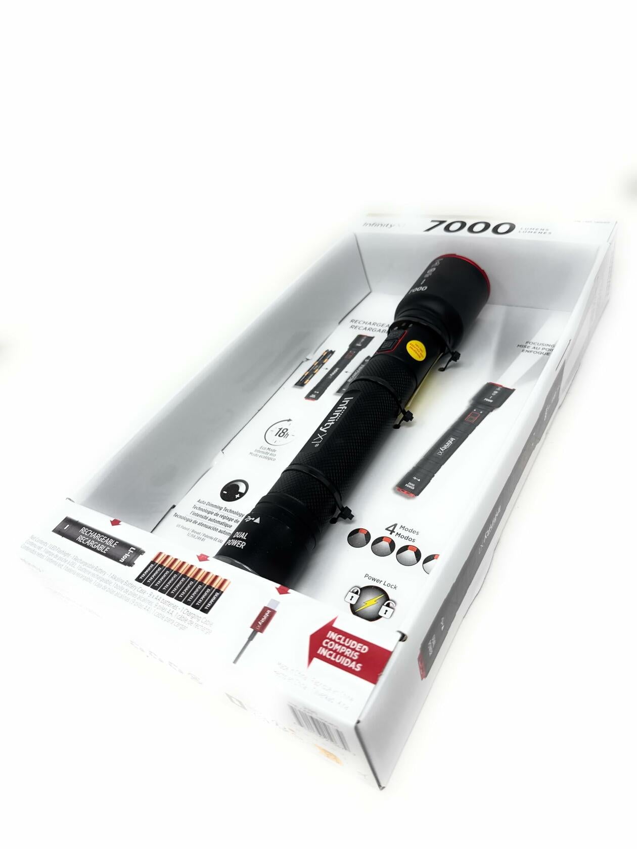 Infinity X1 7000L Dual Power Rechargeable Flashlight,7000 Lumen CREE LED with Adjustable Focus and Heat Lock