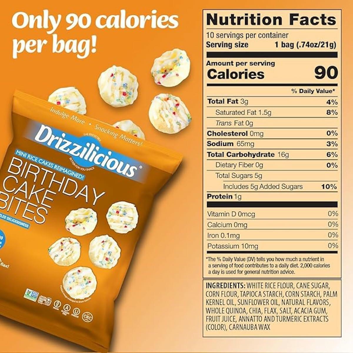 Drizzilicious Mini Rice Cakes Variety Pack - S'Mores, Cinnamon Swirl, Birthday Cake - Rice Crisps, Healthy Snack for Adults and Kids, Flavored Rice Cakes, Vegan, Gluten Free, Allergen Free, Only 90 Calories Per Bag, Made with Avocado Oil - 0.74 oz (Pack