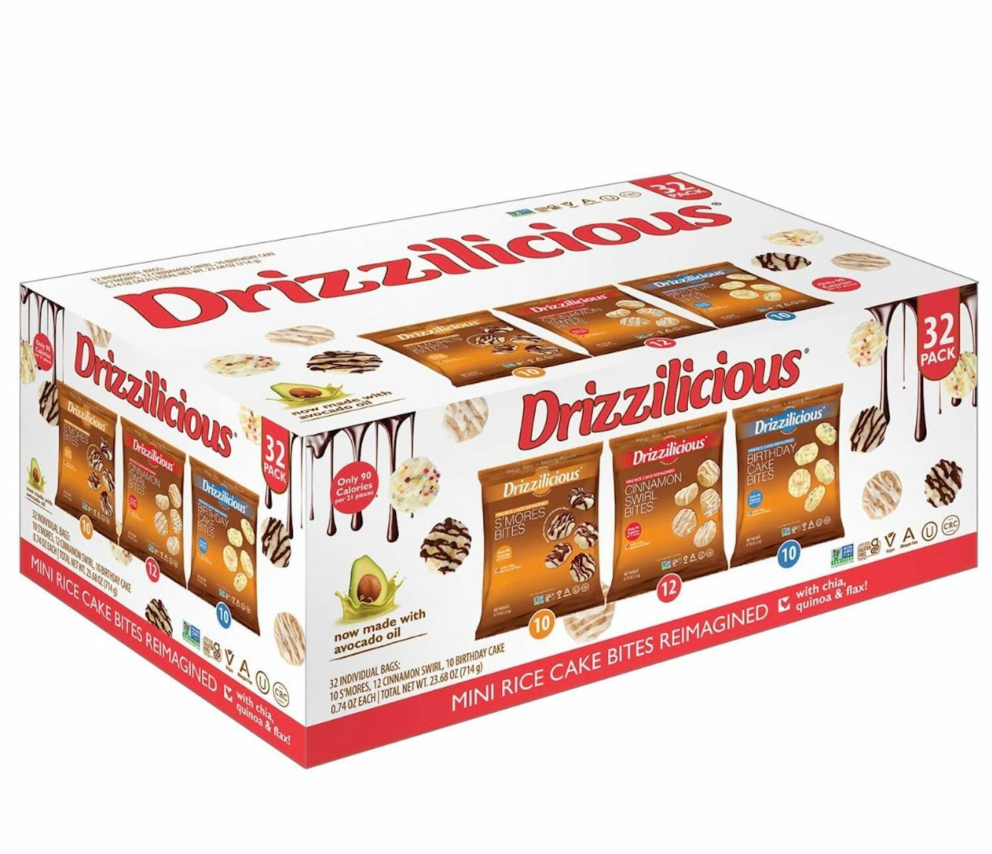 Drizzilicious Mini Rice Cakes Variety Pack - S'Mores, Cinnamon Swirl, Birthday Cake - Rice Crisps, Healthy Snack for Adults and Kids, Flavored Rice Cakes, Vegan, Gluten Free, Allergen Free, Only 90 Calories Per Bag, Made with Avocado Oil - 0.74 oz (Pack