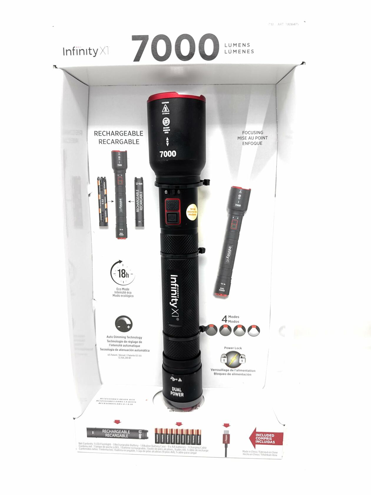 Infinity X1 7000L Dual Power Rechargeable Flashlight,7000 Lumen CREE LED with Adjustable Focus and Heat Lock