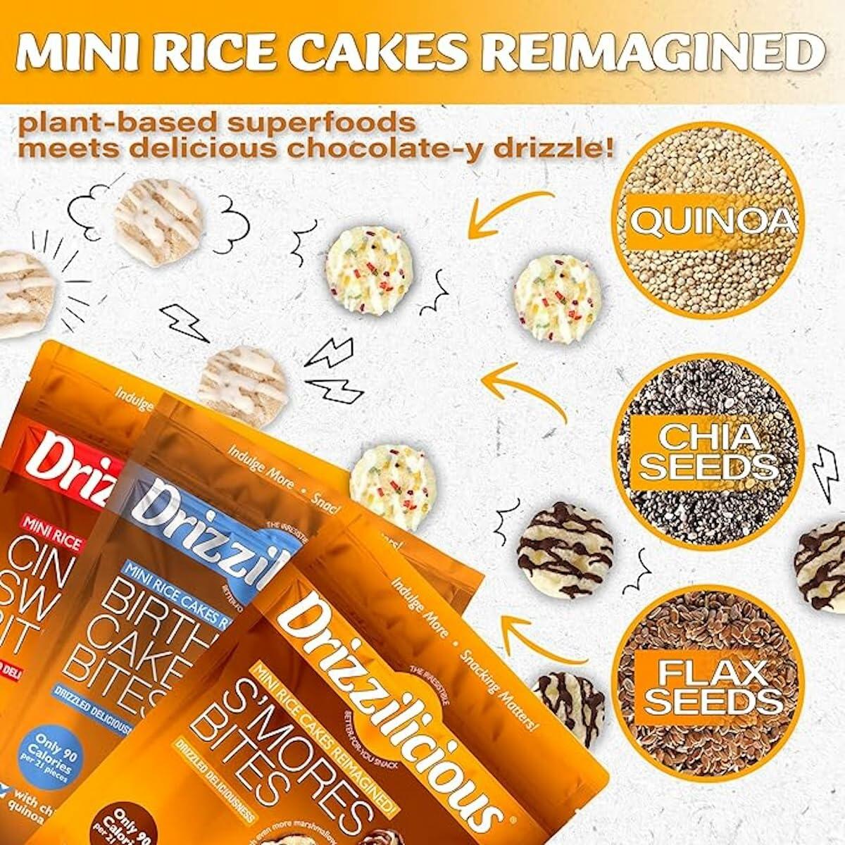 Drizzilicious Mini Rice Cakes Variety Pack - S'Mores, Cinnamon Swirl, Birthday Cake - Rice Crisps, Healthy Snack for Adults and Kids, Flavored Rice Cakes, Vegan, Gluten Free, Allergen Free, Only 90 Calories Per Bag, Made with Avocado Oil - 0.74 oz (Pack
