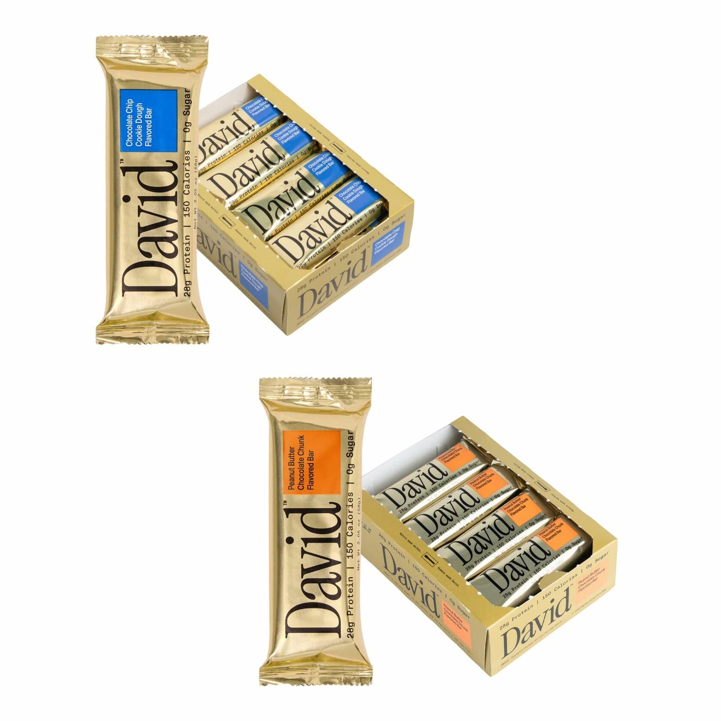 David Protein Bar, Chocolate Chip Cookie Dough and Peanut Butter Chocolate Chunk, 24 Protein Bars | 28g of Protein | 150 Calories | 0g of Sugar - High Protein, Low Carb, Gluten Free Protein Bar (2 Pack - 24 ct.)