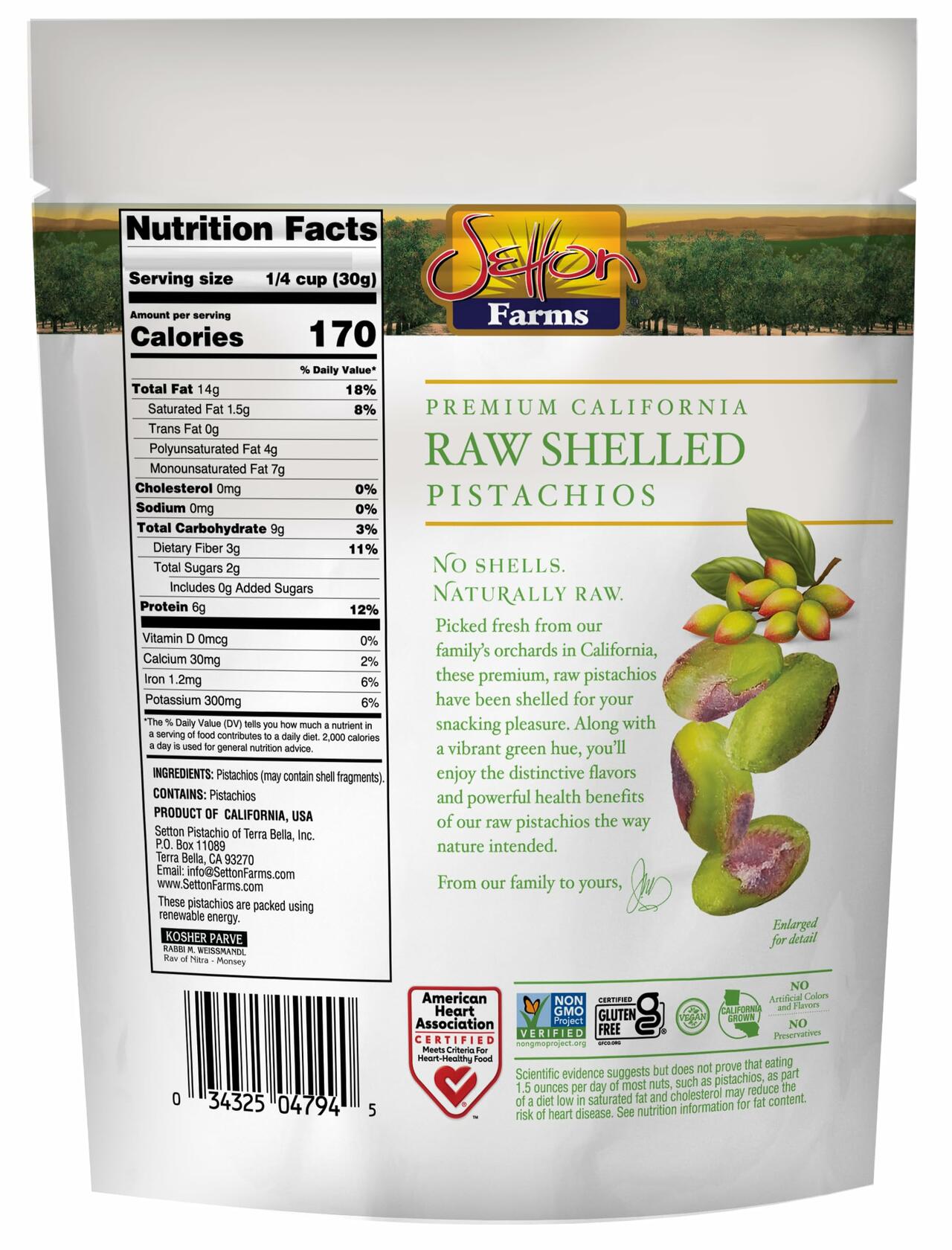 Setton Farms Naturally Raw Shelled Pistachios 20 oz Value Bag, No Shell Pistachios, Non-GMO Project Verified, Certified Gluten Free, Vegan and Kosher, Heart Healthy Snack, 20 Oz (Also perfect for making Dubai Chocolate)