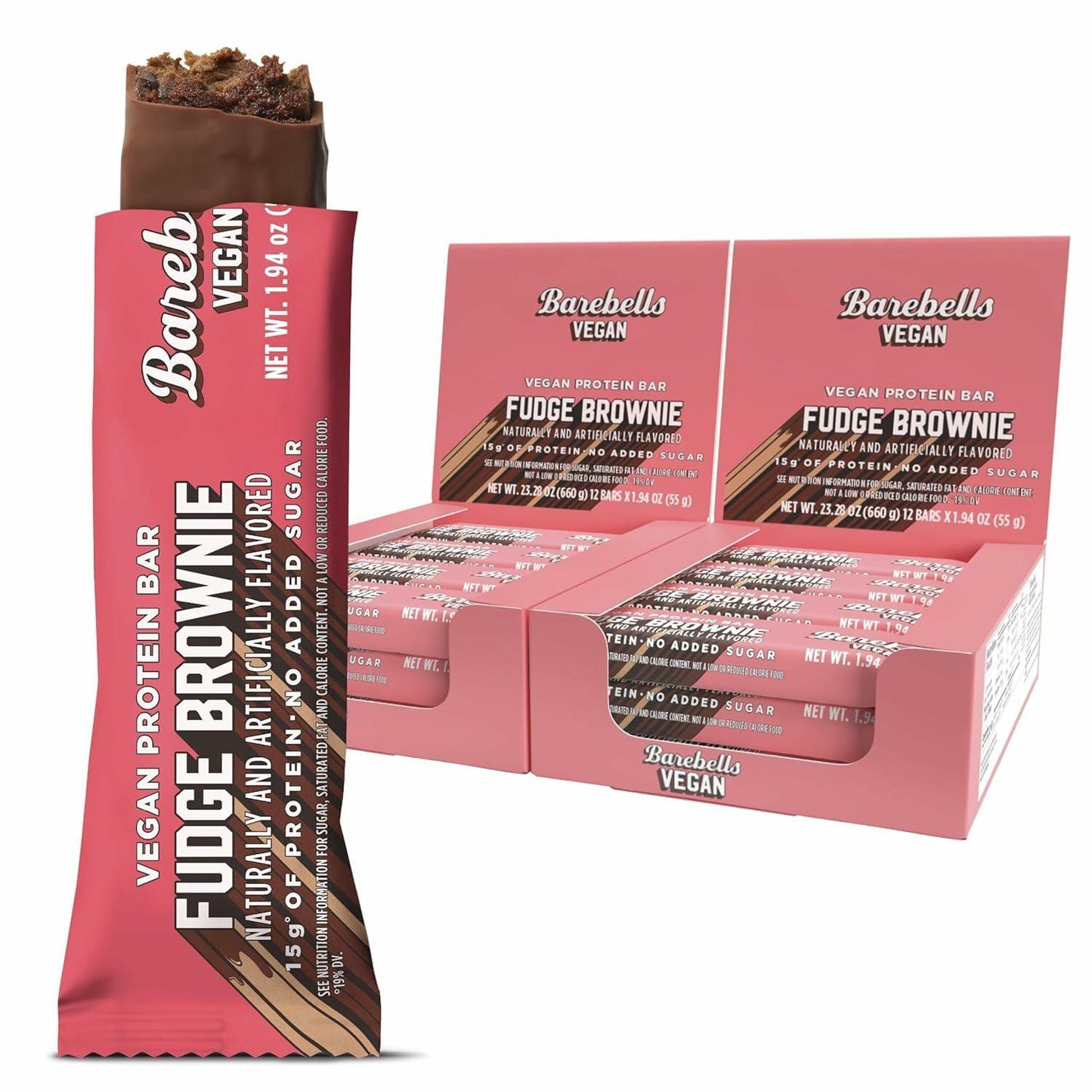 Barebells Plant Based Protein Bars, Fudge Brownie – 24 bars (2 Packs of 12) - 15g of Plant-Based High Protein Treats – Vegan Chocolate Nutrition Bar with 1g Total Sugar - On The Go Breakfast or Post-Workout Snack