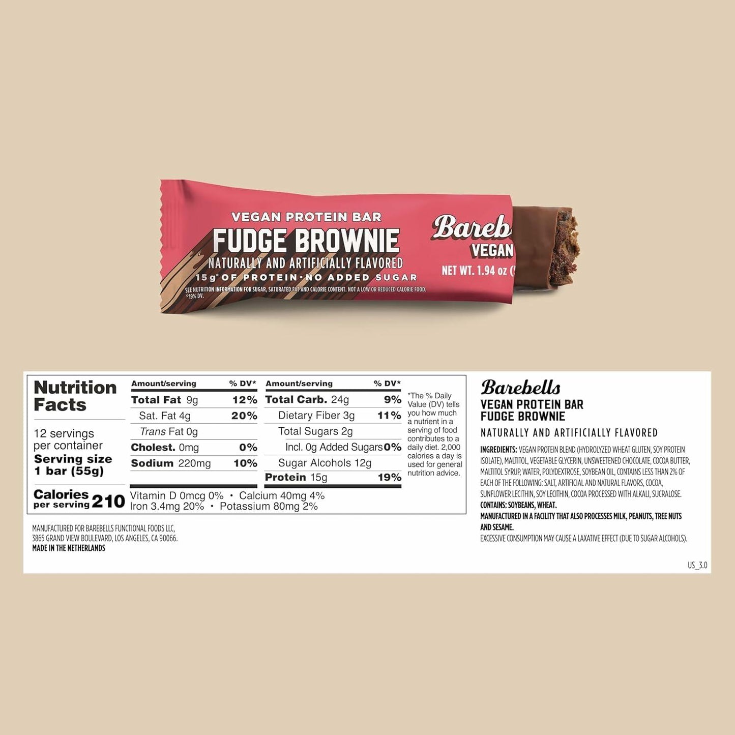 Barebells Plant Based Protein Bars, Fudge Brownie – 24 bars (2 Packs of 12) - 15g of Plant-Based High Protein Treats – Vegan Chocolate Nutrition Bar with 1g Total Sugar - On The Go Breakfast or Post-Workout Snack