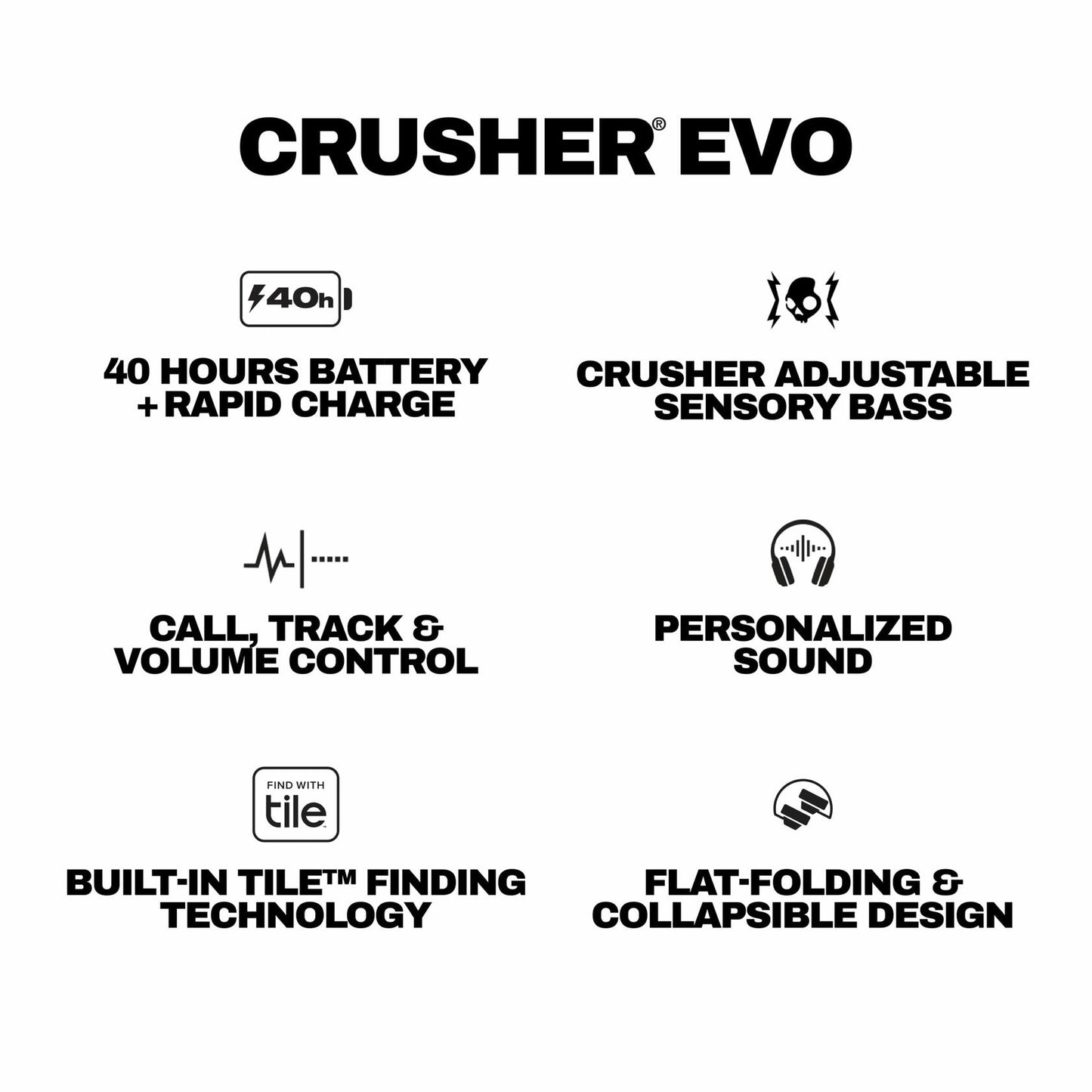 Skullcandy Crusher Evo Over-Ear Wireless Headphones with Sensory Bass, 40 Hr Battery, Microphone, Works with iPhone Android and Bluetooth Devices, Asphalt