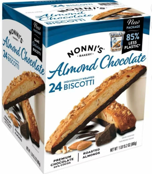 Nonni's Almond Chocolate Biscotti, 24 Count, Dark Chocolate Dipped, Individually Wrapped