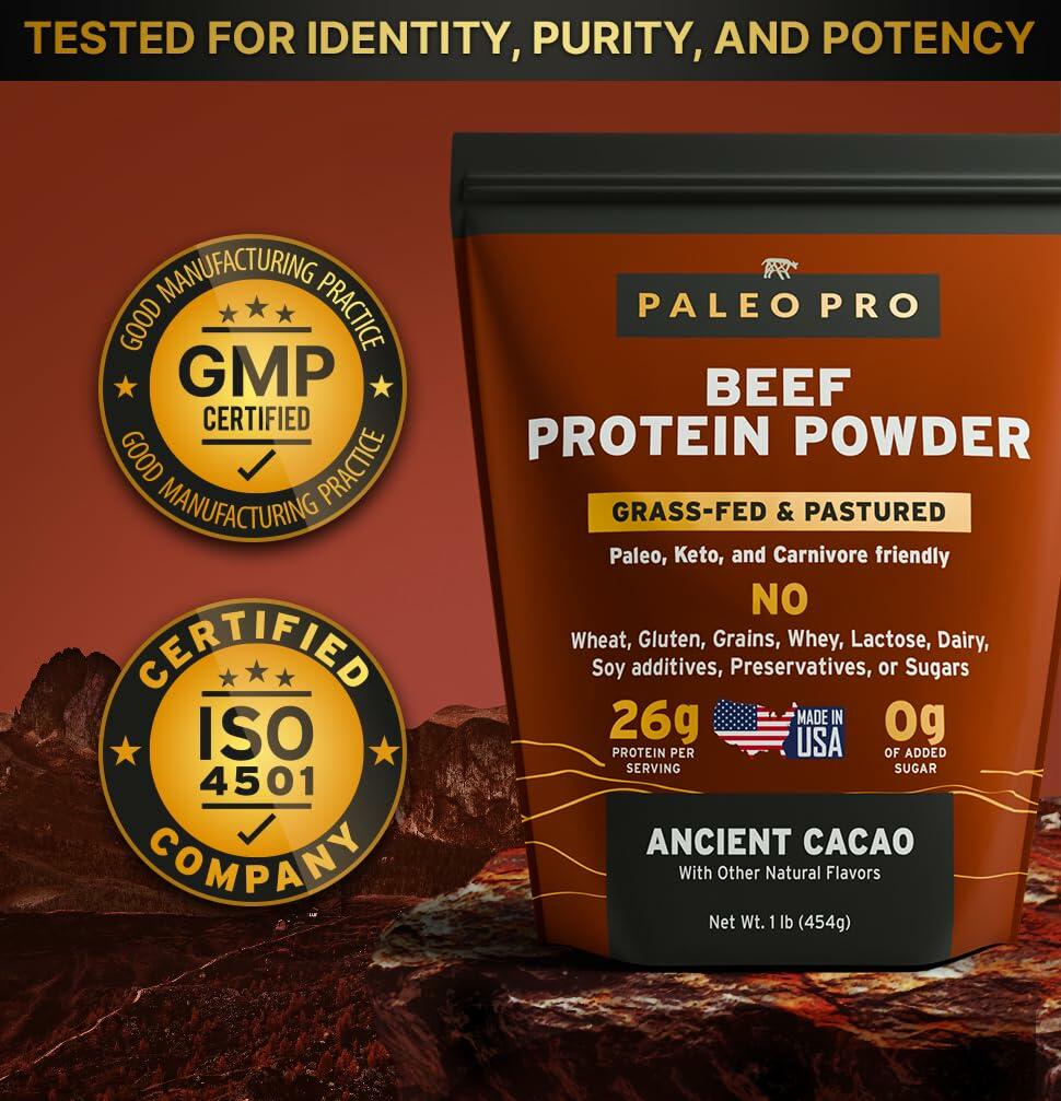 Paleo Pro Beef Protein Powder - Grass Fed Protein Powder Isolate - Pure Animal Based Pastured & Cage-Free | Dairy & Gluten Free, Natural and Clean Proteins for Paleo & Keto - 15 Days Supply (Cacao)