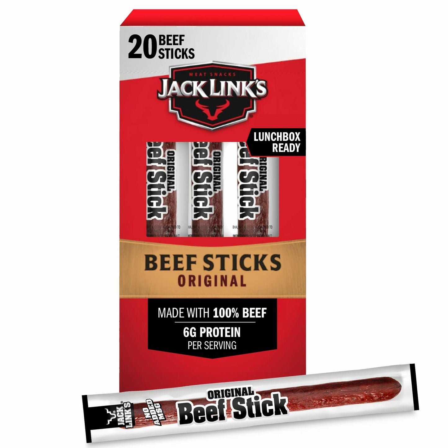 Jack Link's Beef Sticks, Original - Protein Snack, Meat Stick with 6g of Protein, Meat Snack Sticks Made with 100% Beef, Keto Friendly, Individually Wrapped - 0.92 Oz. (20 Count)