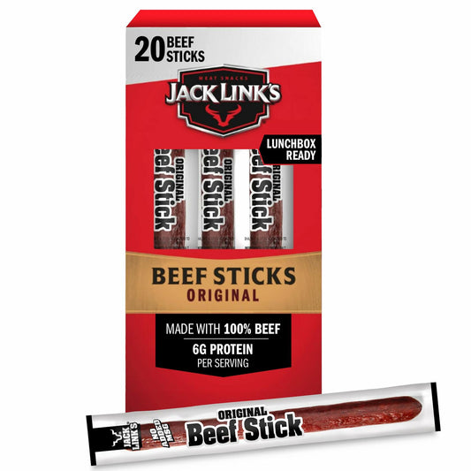 Jack Link's Beef Sticks, Original - Protein Snack, Meat Stick with 6g of Protein, Meat Snack Sticks Made with 100% Beef, Keto Friendly, Individually Wrapped - 0.92 Oz. (20 Count)