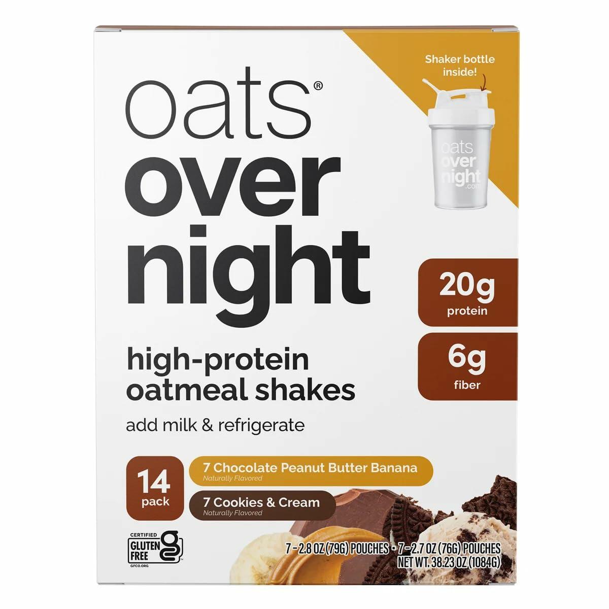 OATS Overnight High-Protein Oatmeal Shakes + Shaker Bottle with Chocolate Peanut Butter, Cookies & Cream (14-Pack, 7-2.7/7-2.8 oz pouches) Plus 2 Sugar-Free White Peach Hydration Sticks