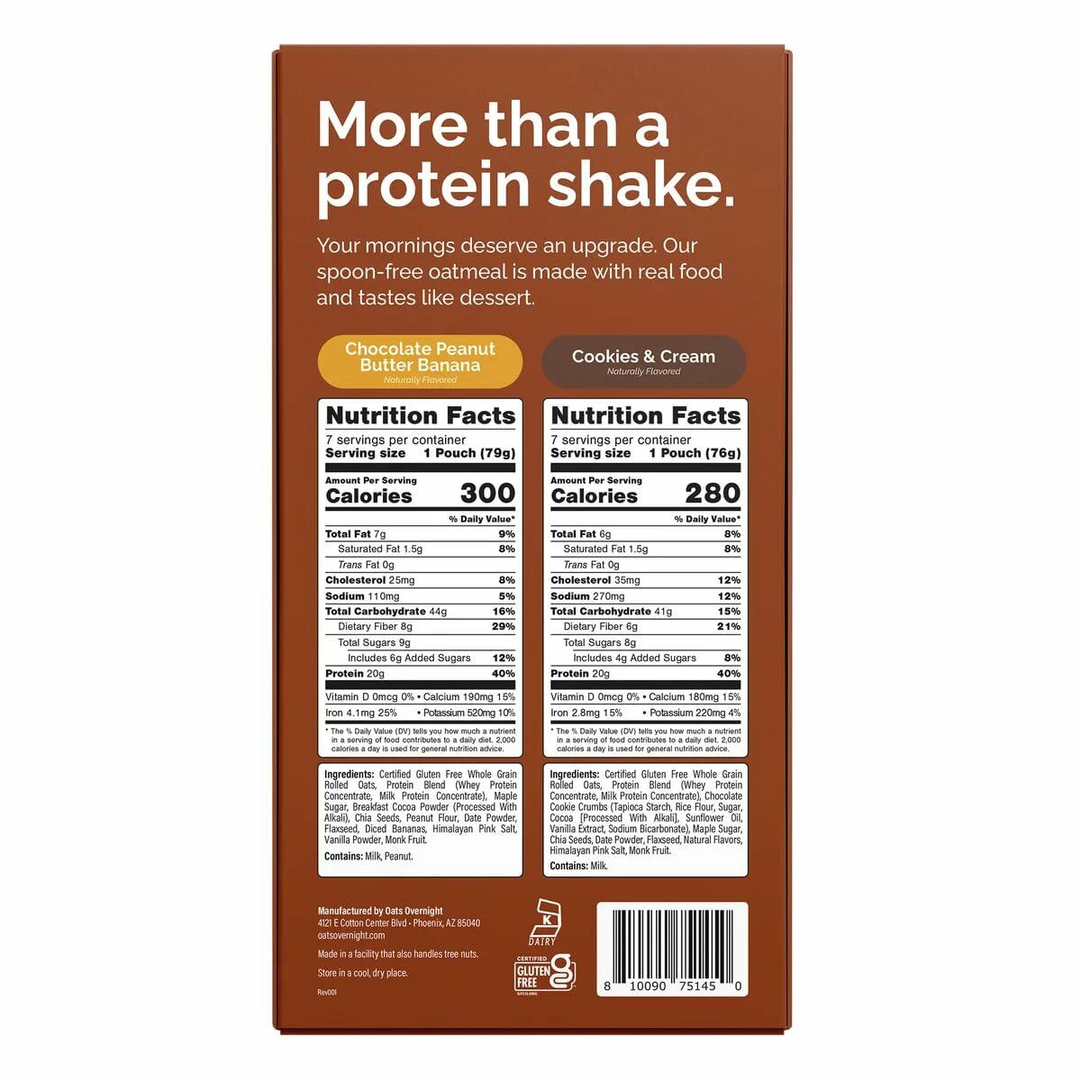 OATS Overnight High-Protein Oatmeal Shakes + Shaker Bottle with Chocolate Peanut Butter, Cookies & Cream (14-Pack, 7-2.7/7-2.8 oz pouches) Plus 2 Sugar-Free White Peach Hydration Sticks