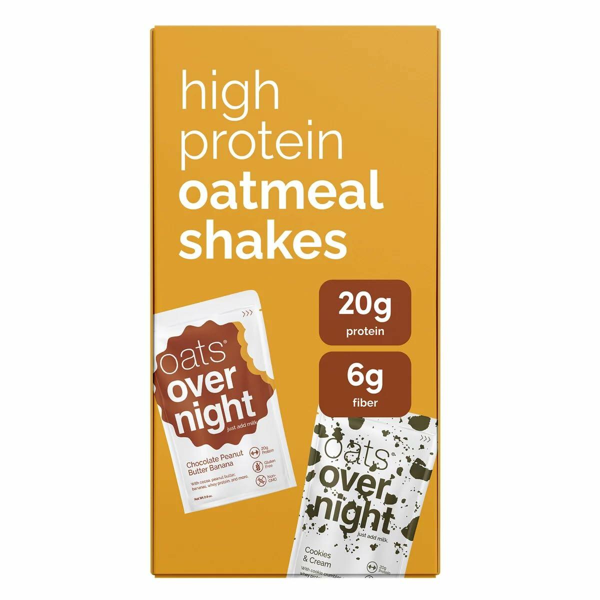 OATS Overnight High-Protein Oatmeal Shakes + Shaker Bottle with Chocolate Peanut Butter, Cookies & Cream (14-Pack, 7-2.7/7-2.8 oz pouches) Plus 2 Sugar-Free White Peach Hydration Sticks