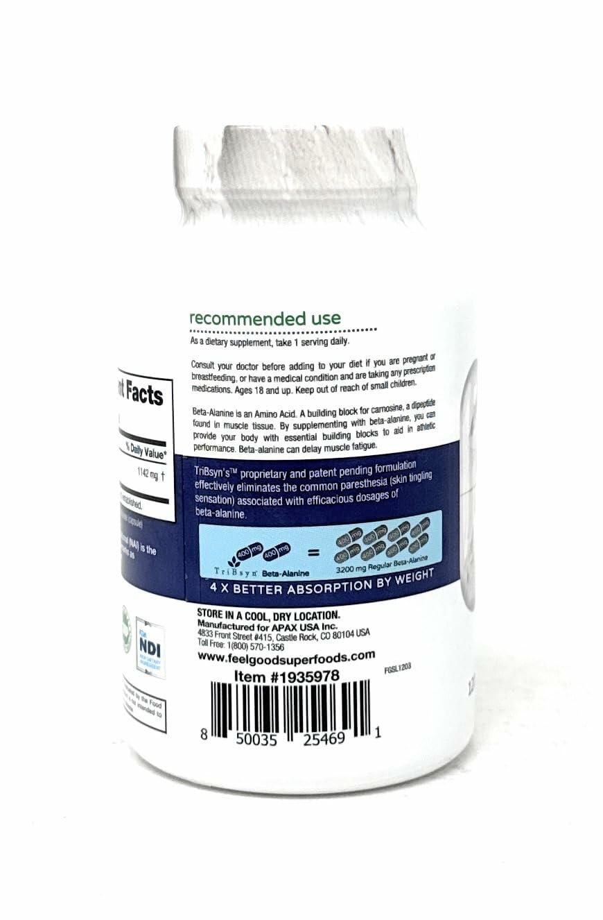 FEEL GOOD Lifestyle Beta-Alanine Capsules -Amino Acid - 3200mg Equivalent Dose - Prevent Muscle Loss - Brain Health - Joint Health - Heart Health - High Absorption- 120 Vegan Capsules