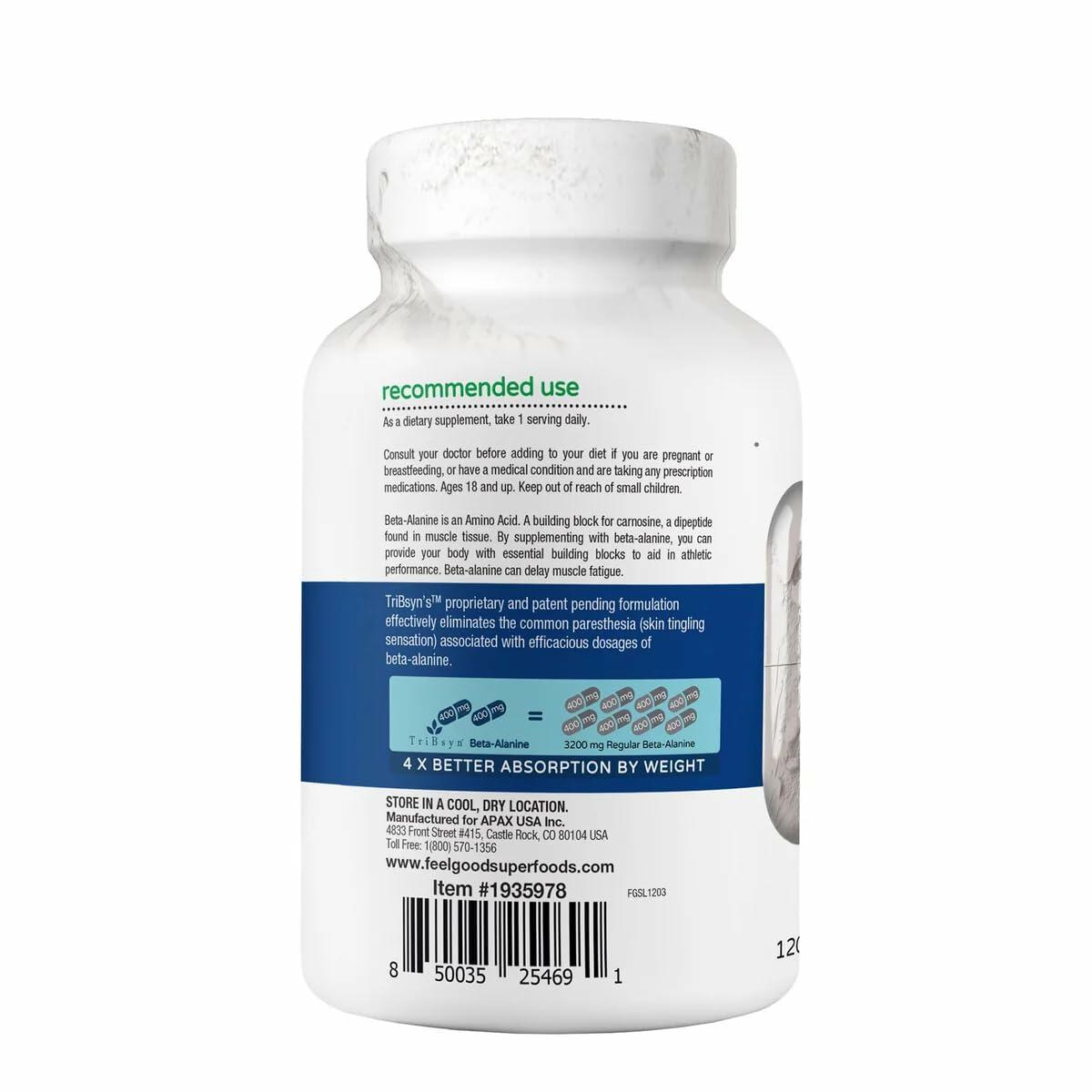 FEEL GOOD Lifestyle Beta-Alanine Capsules -Amino Acid - 3200mg Equivalent Dose - Prevent Muscle Loss - Brain Health - Joint Health - Heart Health - High Absorption- 120 Vegan Capsules