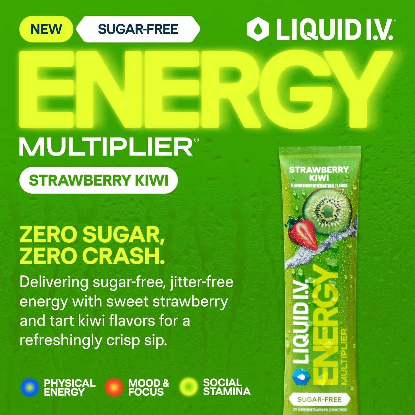 Liquid I.V.® Hydration Multiplier Sugar Free + Energy - Strawberry Kiwi | Electrolyte Powder Drink Mix | 1 Pack (14 Servings)