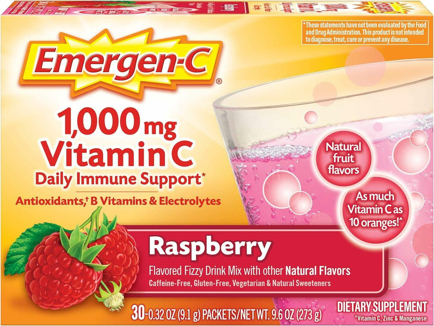 Emergen-C 1000mg Vitamin C Powder, with Antioxidants, B Vitamins and Electrolytes, Immunity Supplements for Immune Support, Caffeine Free Fizzy Drink Mix, Raspberry Flavor, 0.32 Ounce (Pack of 30)