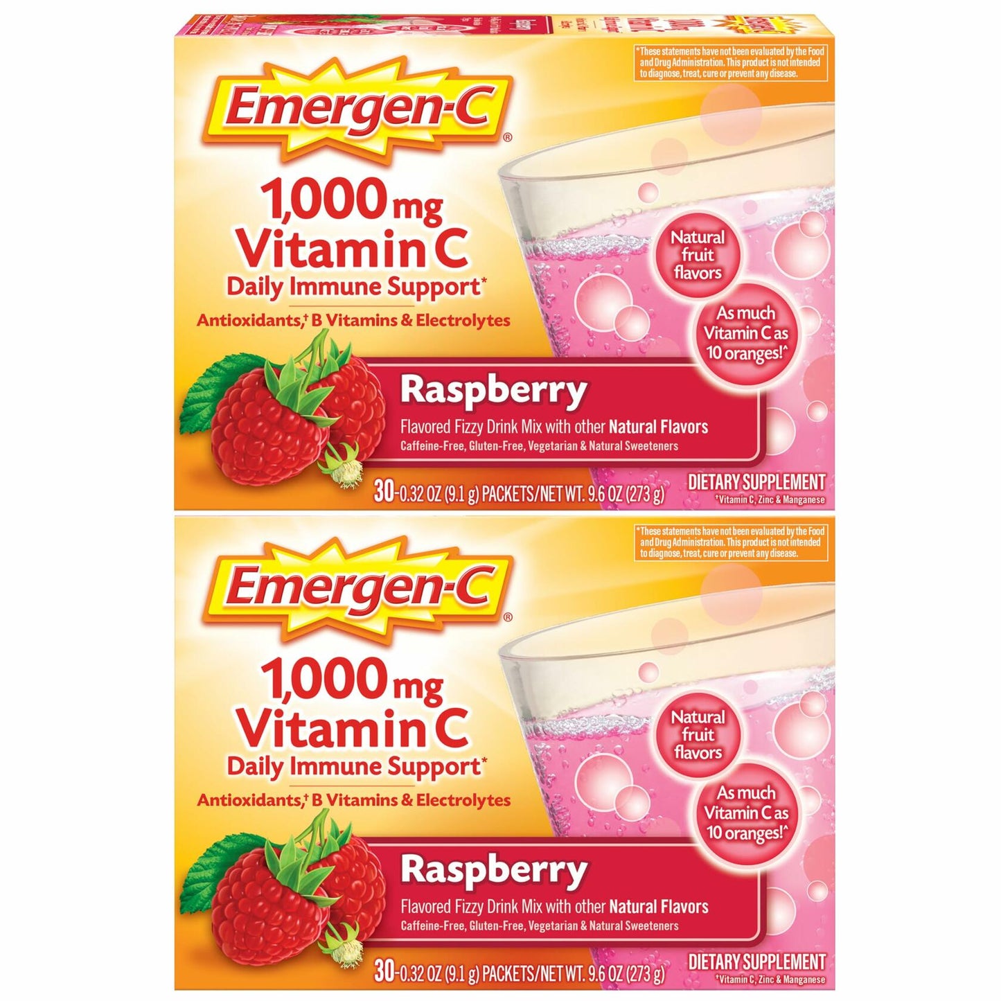 Emergen-C 1000mg Vitamin C Powder, with Antioxidants, B Vitamins and Electrolytes, Vitamin C Supplements for Immune Support, Caffeine Free Drink Mix, Raspberry Flavor - 60 Count/2 Month Supply