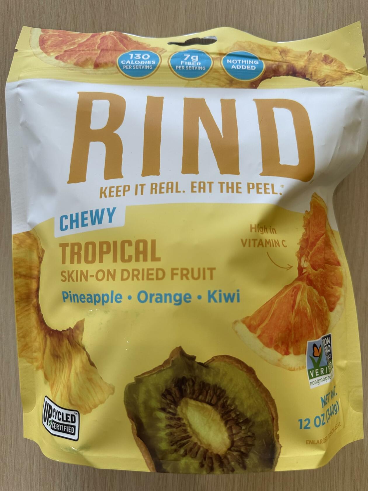 RIND Snacks Chewy Dried Fruit � Tropical Blend with Skin-On Pineapple, Orange & Kiwi � Upcycled, No Added Sugar, High Fiber, 12oz Bag