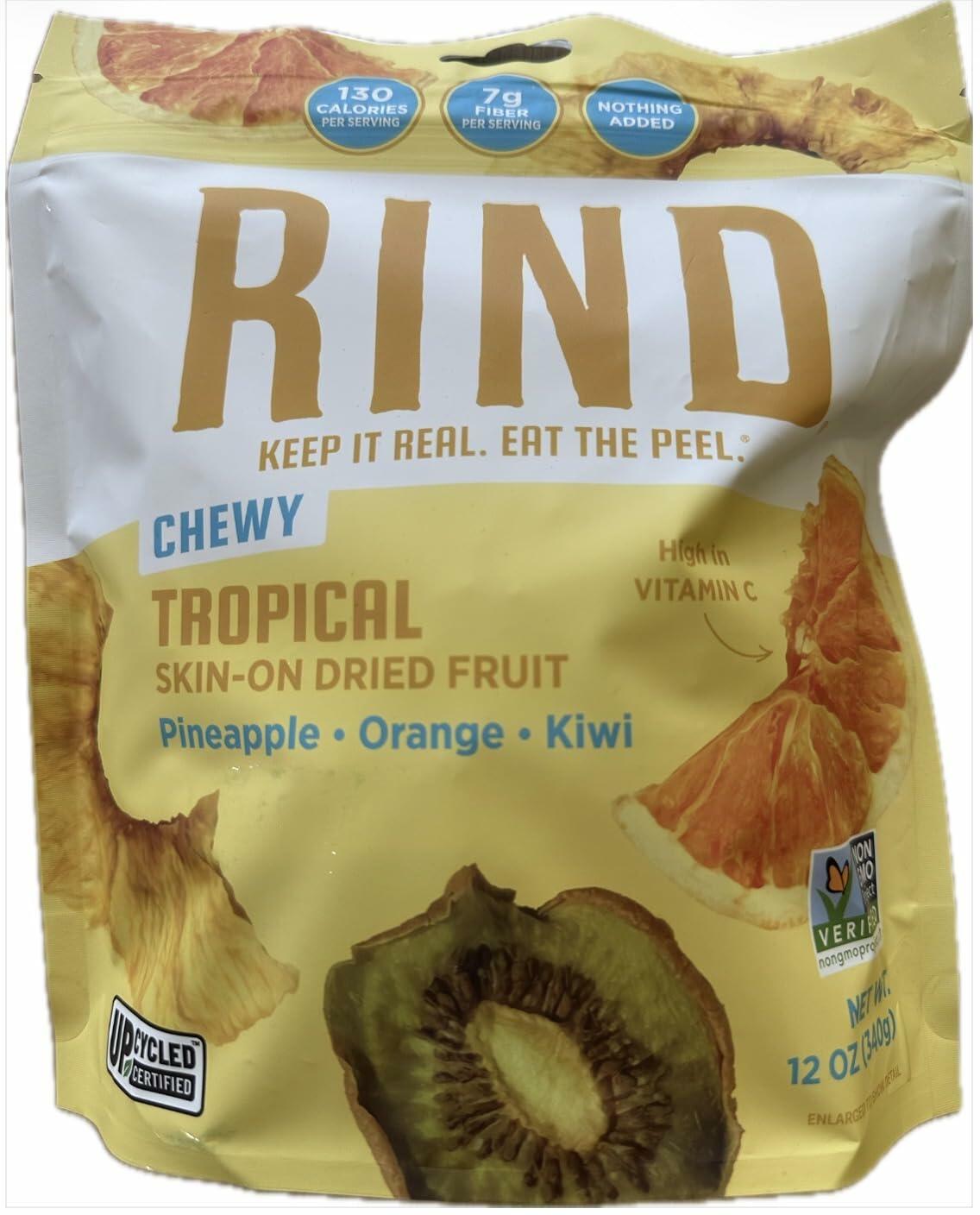 RIND Snacks Chewy Dried Fruit � Tropical Blend with Skin-On Pineapple, Orange & Kiwi � Upcycled, No Added Sugar, High Fiber, 12oz Bag