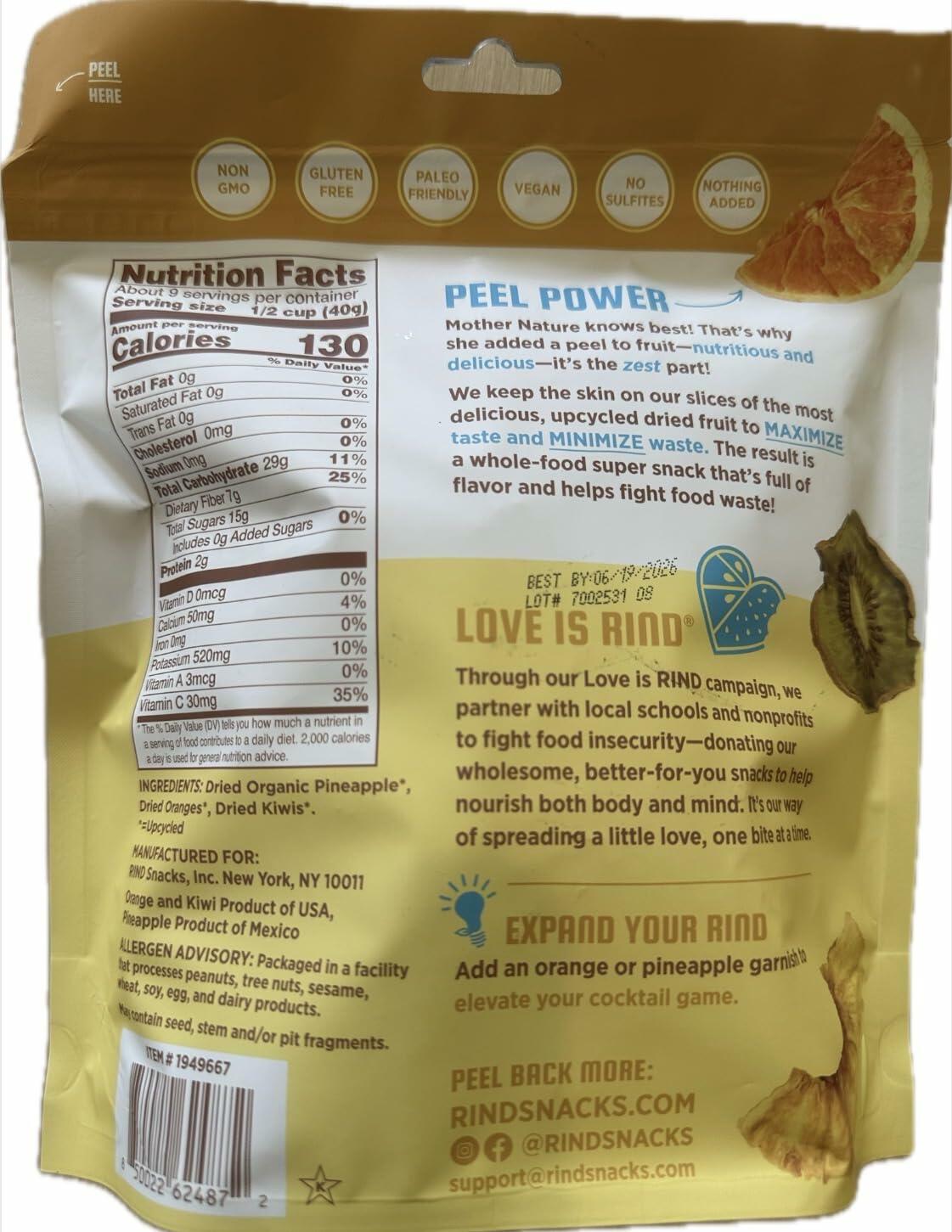 RIND Snacks Chewy Dried Fruit � Tropical Blend with Skin-On Pineapple, Orange & Kiwi � Upcycled, No Added Sugar, High Fiber, 12oz Bag