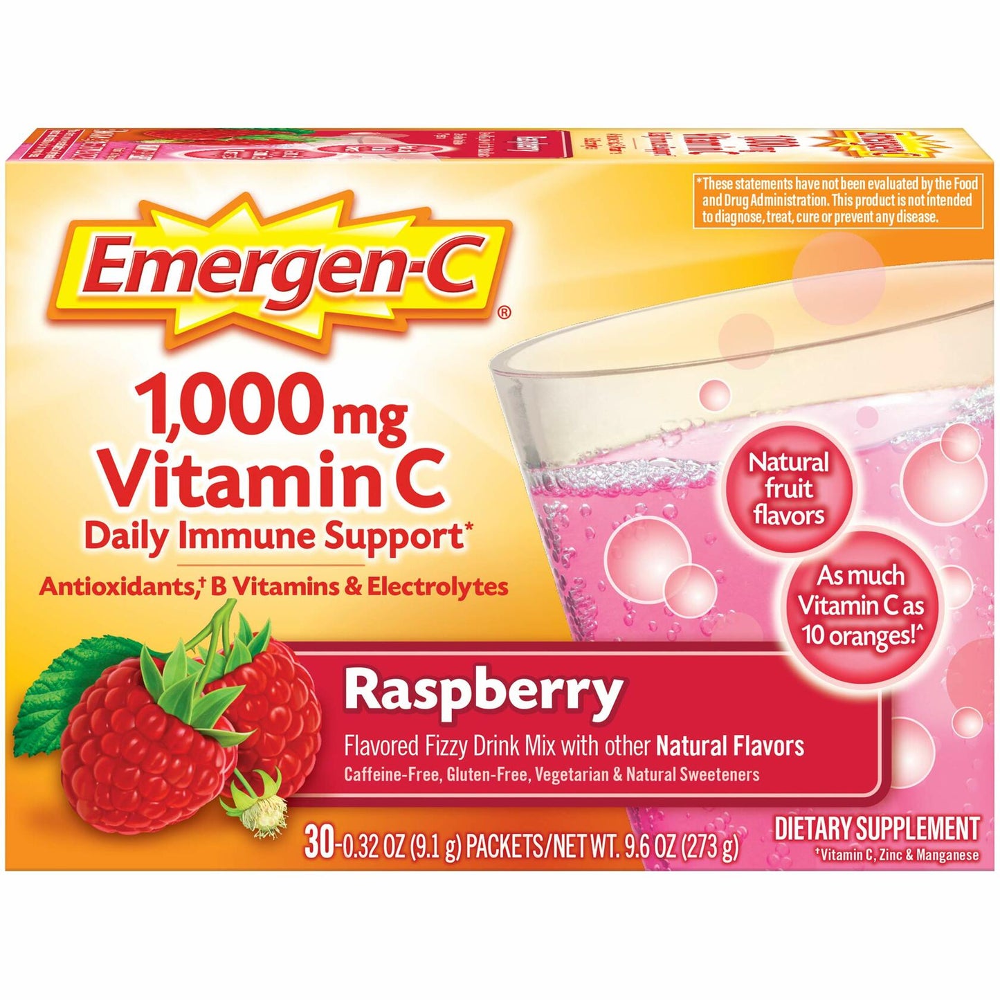 Emergen-C 1000mg Vitamin C Powder, With Antioxidants, B Vitamins And Electrolytes, Immunity Supplements For Immune Support, Caffeine Free Fizzy Drink Mix, Raspberry Flavor - 30 Count/1 Month Supply