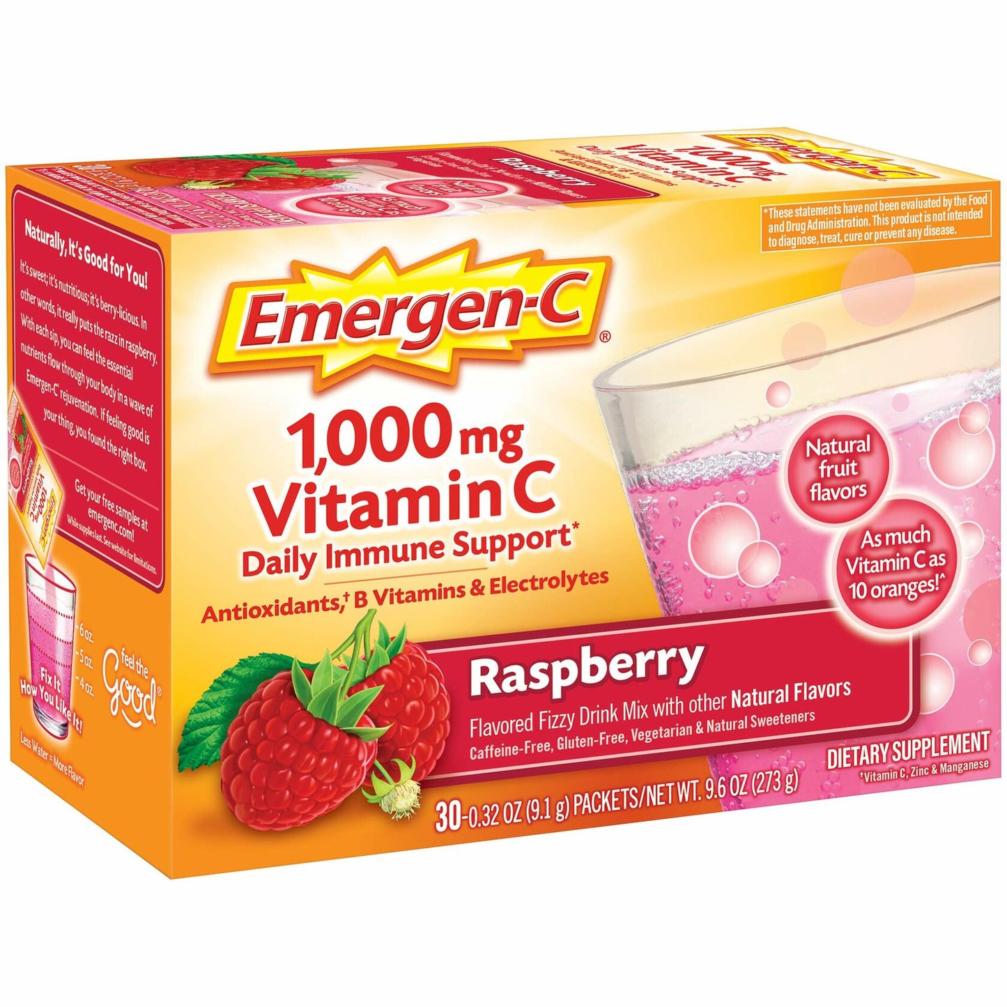Emergen-C 1000mg Vitamin C Powder, With Antioxidants, B Vitamins And Electrolytes, Immunity Supplements For Immune Support, Caffeine Free Fizzy Drink Mix, Raspberry Flavor - 30 Count/1 Month Supply