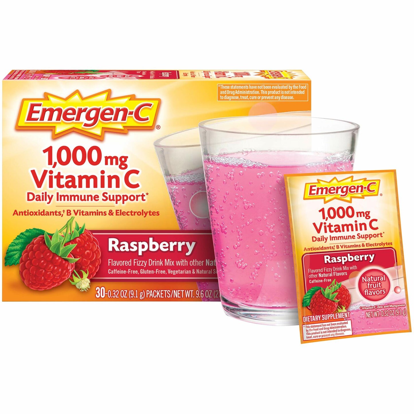 Emergen-C 1000mg Vitamin C Powder, With Antioxidants, B Vitamins And Electrolytes, Immunity Supplements For Immune Support, Caffeine Free Fizzy Drink Mix, Raspberry Flavor - 30 Count/1 Month Supply