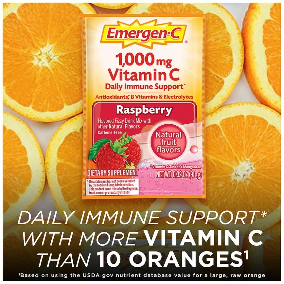 Emergen-C 1000mg Vitamin C Powder, With Antioxidants, B Vitamins And Electrolytes, Immunity Supplements For Immune Support, Caffeine Free Fizzy Drink Mix, Raspberry Flavor - 30 Count/1 Month Supply