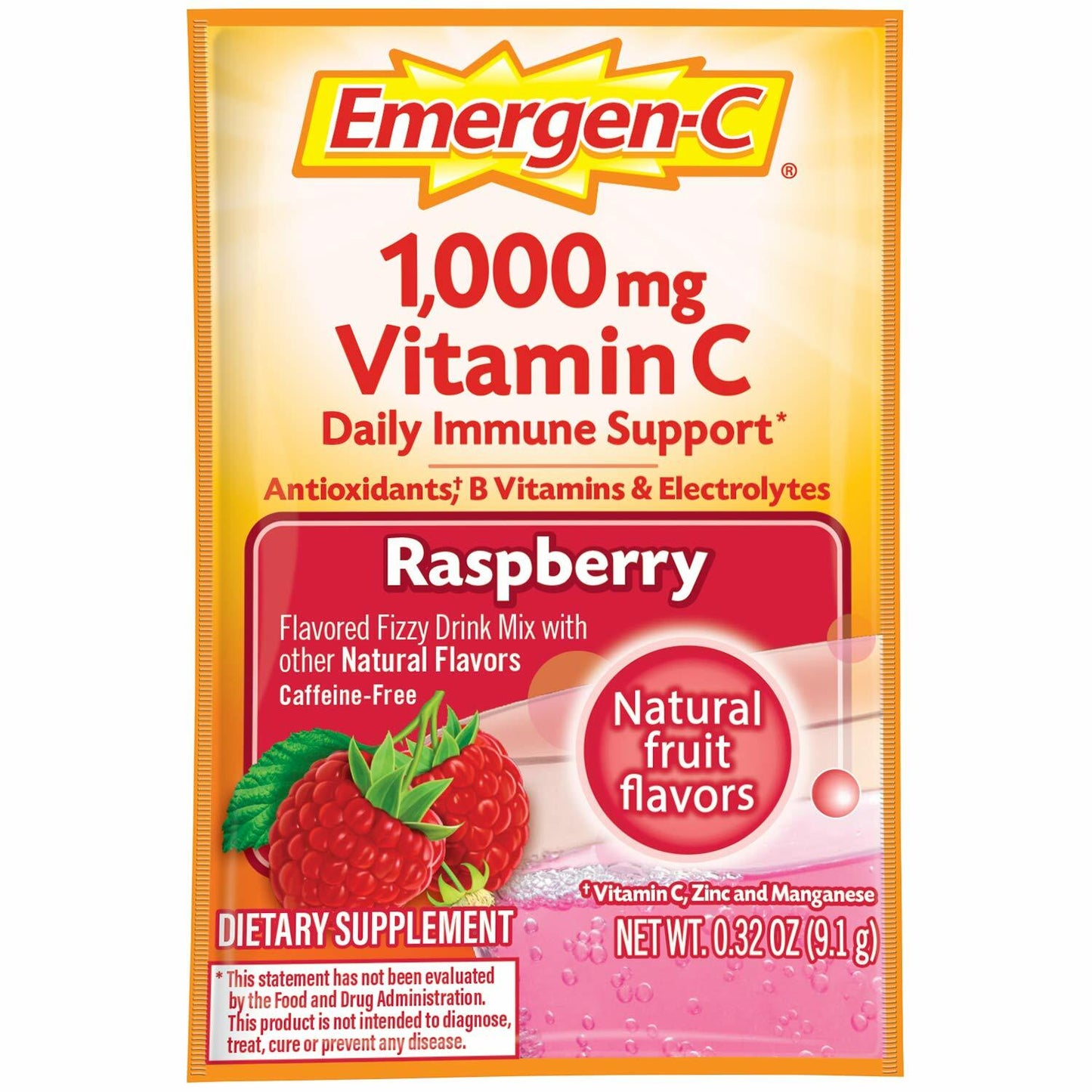 Emergen-C 1000mg Vitamin C Powder, With Antioxidants, B Vitamins And Electrolytes, Immunity Supplements For Immune Support, Caffeine Free Fizzy Drink Mix, Raspberry Flavor - 30 Count/1 Month Supply