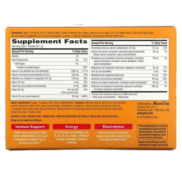Alacer Emergen-C Vitamin C Fizzy Drink Mix Raspberry - 1000 Mg - 30 Packets