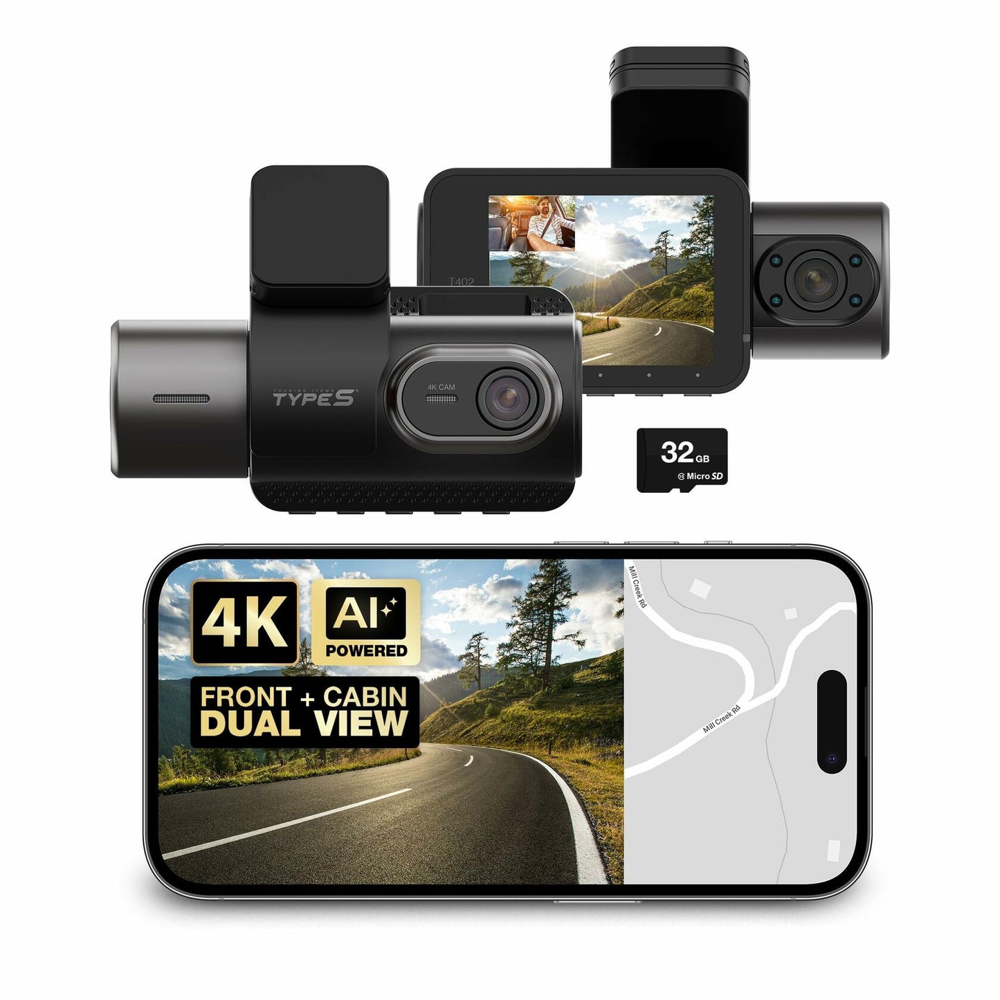 Type S T402 4K Dual View 2-Channel Dash Cam with Adaptive AI-Powered Driver Assistance and 1080p Interior Surveillance Cam