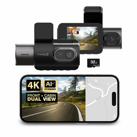Type S T402 4K Dual View 2-Channel Dash Cam with Adaptive AI-Powered Driver Assistance and 1080p Interior Surveillance Cam