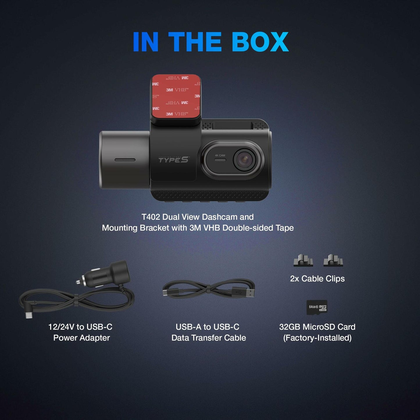 Type S T402 4K Dual View 2-Channel Dash Cam with Adaptive AI-Powered Driver Assistance and 1080p Interior Surveillance Cam