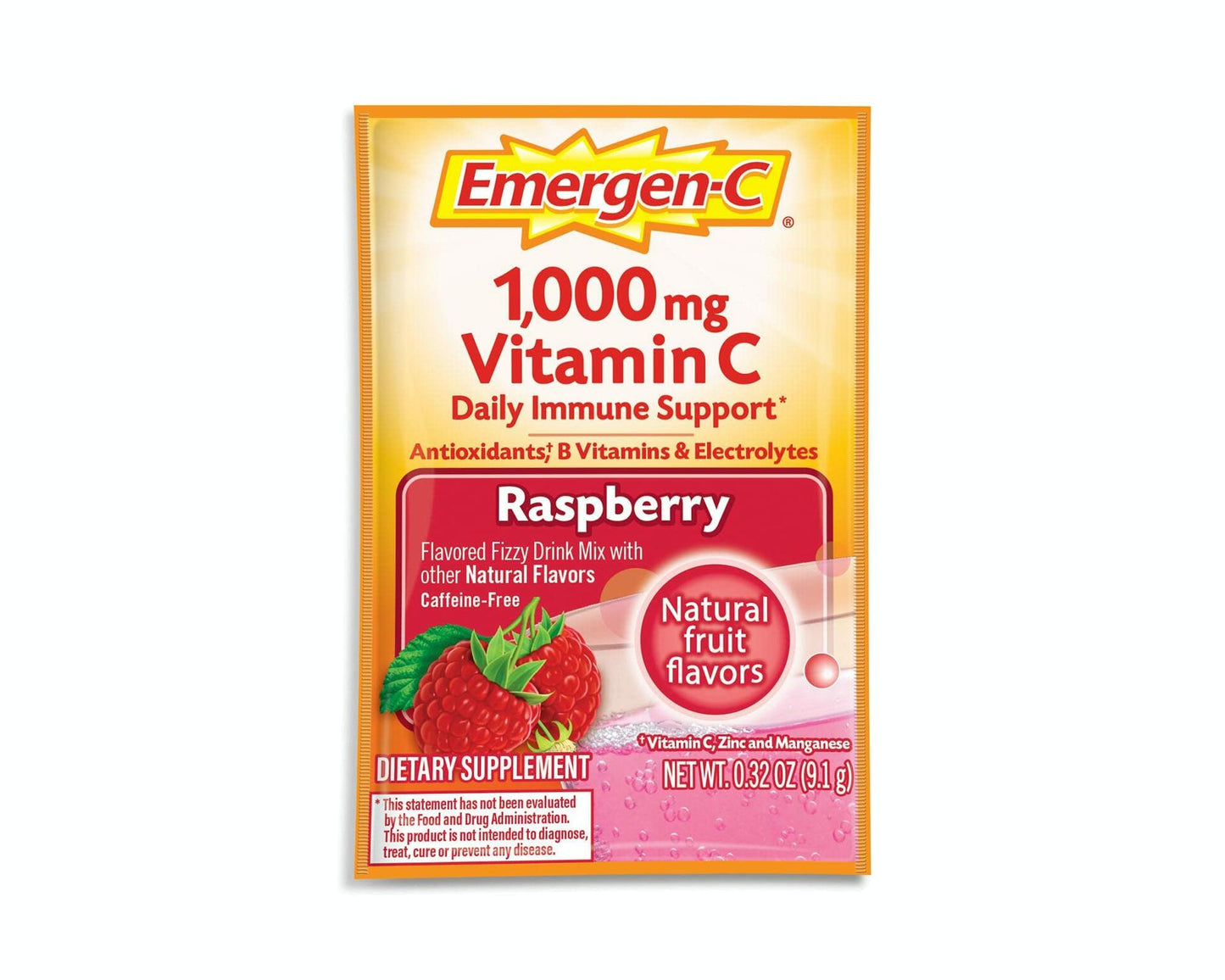 Alacer Emergen-C Vitamin C Fizzy Drink Mix Raspberry - 1000 Mg - 30 Packets