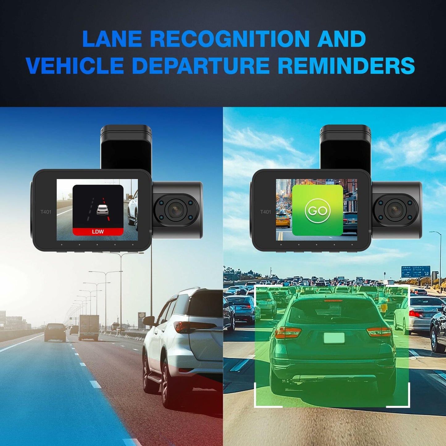 Type S T402 4K Dual View 2-Channel Dash Cam with Adaptive AI-Powered Driver Assistance and 1080p Interior Surveillance Cam