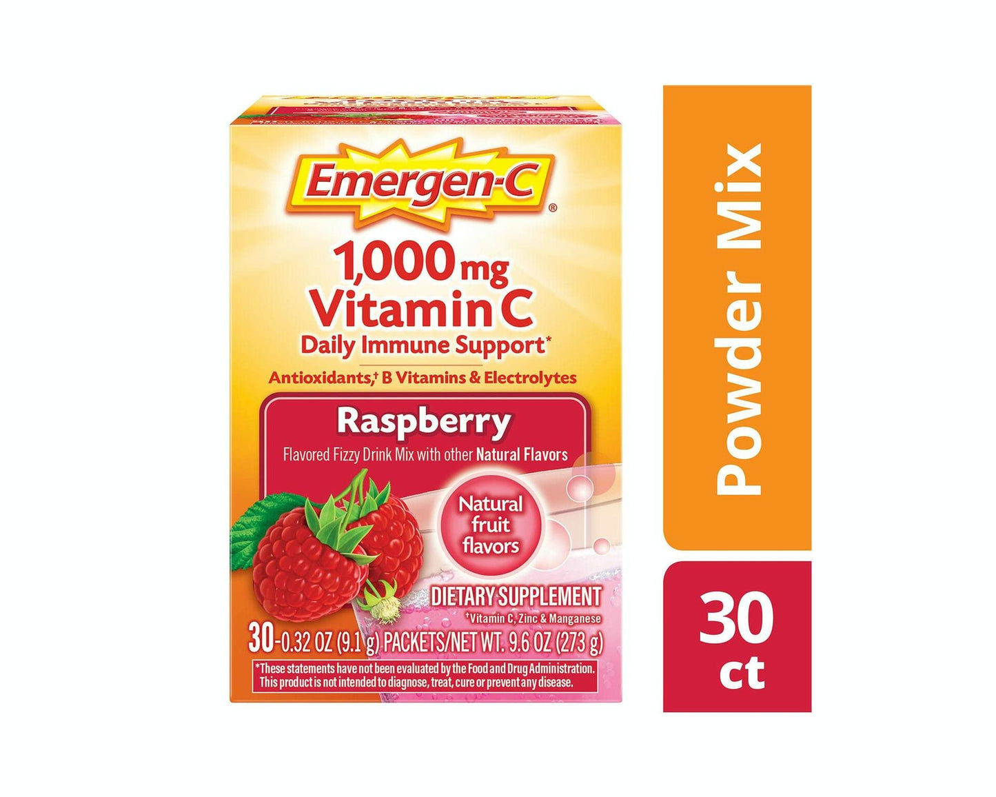 Alacer Emergen-C Vitamin C Fizzy Drink Mix Raspberry - 1000 Mg - 30 Packets