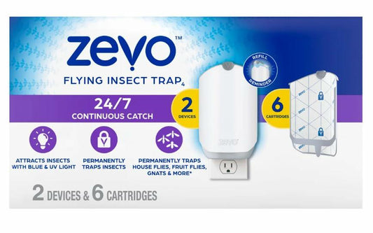 Zevo MAX Bug Catcher & Fly Trap for Indoor- Flying Insect Trap for Gnat, House & Fruit Flies - Use in Any Room - No-Mess Disposal (2 Device & 6 Cartridges)