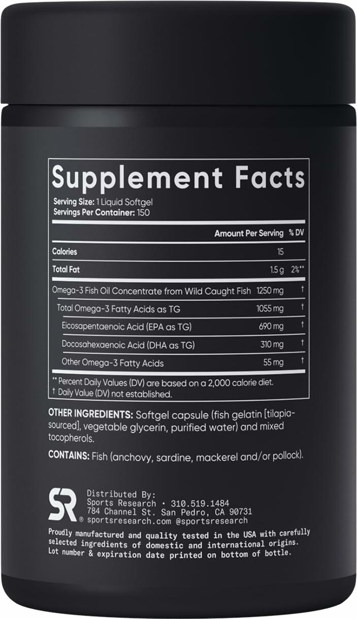 Sports Research Triple Strength Omega 3 Fish Oil - Burpless Fish Oil Supplement w/EPA & DHA Fatty Acids from Wild Caught Fish - Heart, Brain & Immune Support for Men & Women - 1250 mg, 150 ct