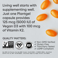 Sports Research Vitamin D3 K2 with 5000iu of Plant-Based D3 & 100mcg of Vitamin K2 as MK-7, Non-GMO Verified & Vegan Certified - 160 Liquid Softgels