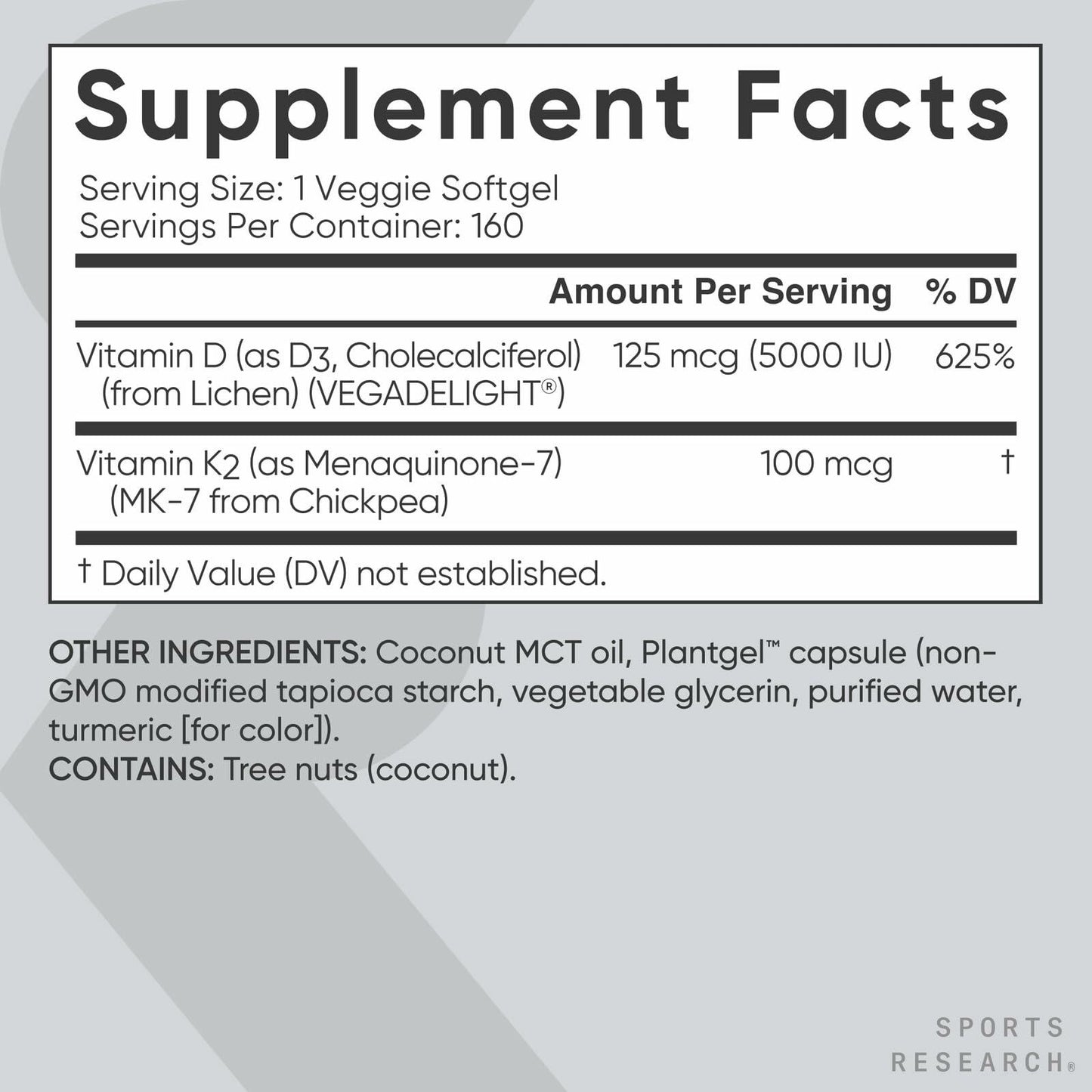 Sports Research Vitamin D3 K2 with 5000iu of Plant-Based D3 & 100mcg of Vitamin K2 as MK-7, Non-GMO Verified & Vegan Certified - 160 Liquid Softgels