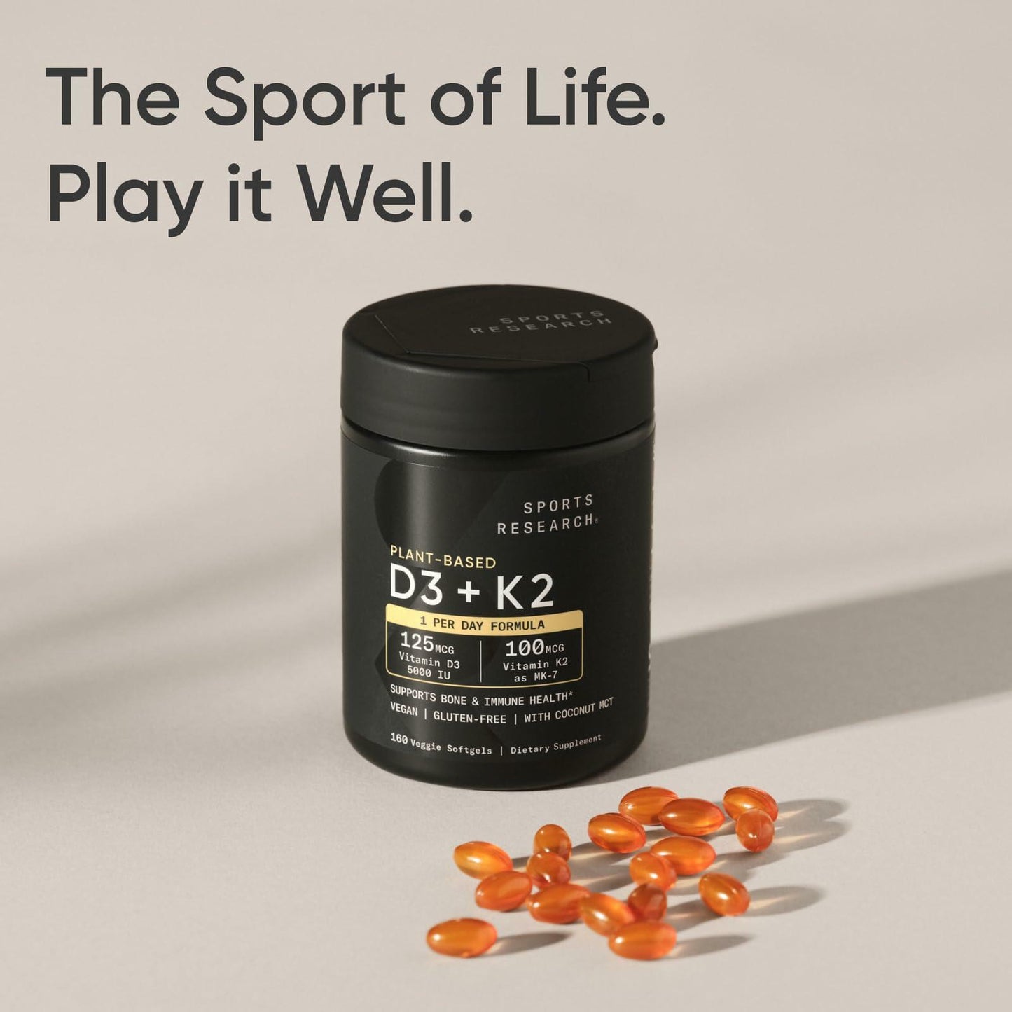 Sports Research Vitamin D3 K2 with 5000iu of Plant-Based D3 & 100mcg of Vitamin K2 as MK-7, Non-GMO Verified & Vegan Certified - 160 Liquid Softgels