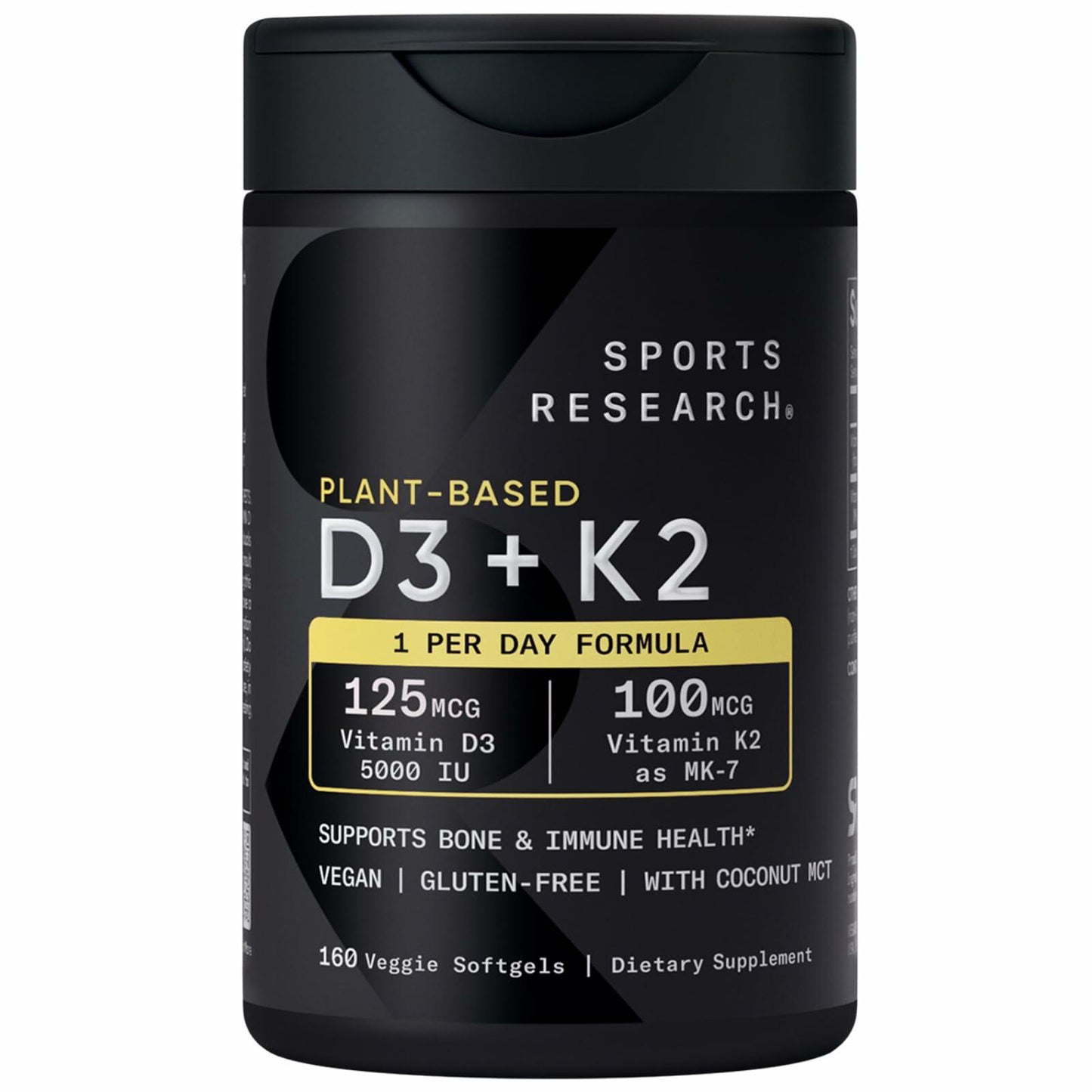 Sports Research Vitamin D3 K2 with 5000iu of Plant-Based D3 & 100mcg of Vitamin K2 as MK-7, Non-GMO Verified & Vegan Certified - 160 Liquid Softgels