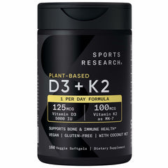 Sports Research Vitamin D3 K2 with 5000iu of Plant-Based D3 & 100mcg of Vitamin K2 as MK-7, Non-GMO Verified & Vegan Certified - 160 Liquid Softgels
